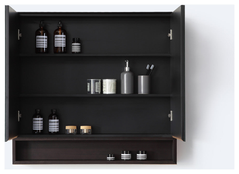 Bergen Modern Medicine Cabinet, Matte Black Frame, Dark Walnut Shelf, 36"