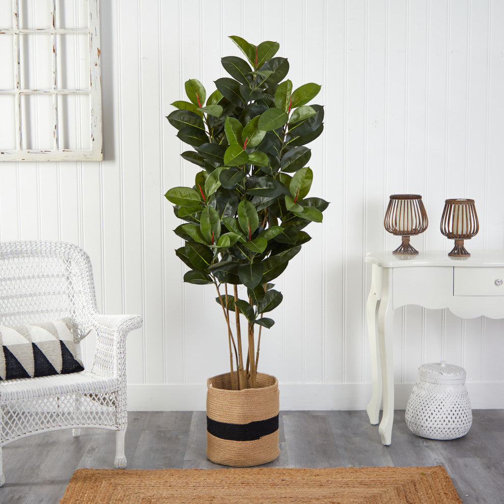 5.5' Oak Faux Tree, Handmade Natural Cotton Planter UV Resistant, Indoor/Outdoor