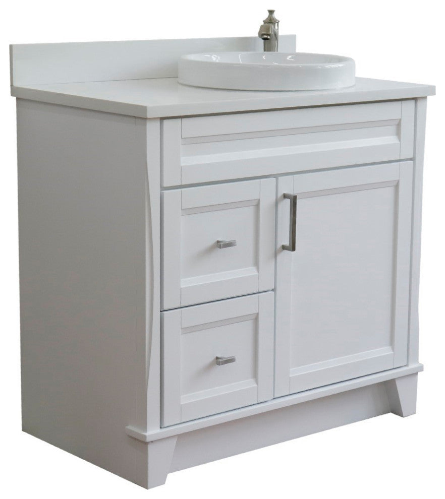37" Single Sink Vanity, White Finish Top With White Engineered Stone Top