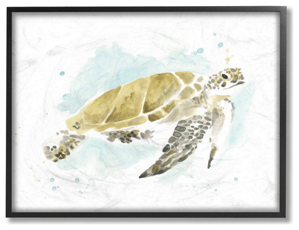 Sea Turtle Ocean Beach Animal Watercolor Painting, 11"x14", Black Frame