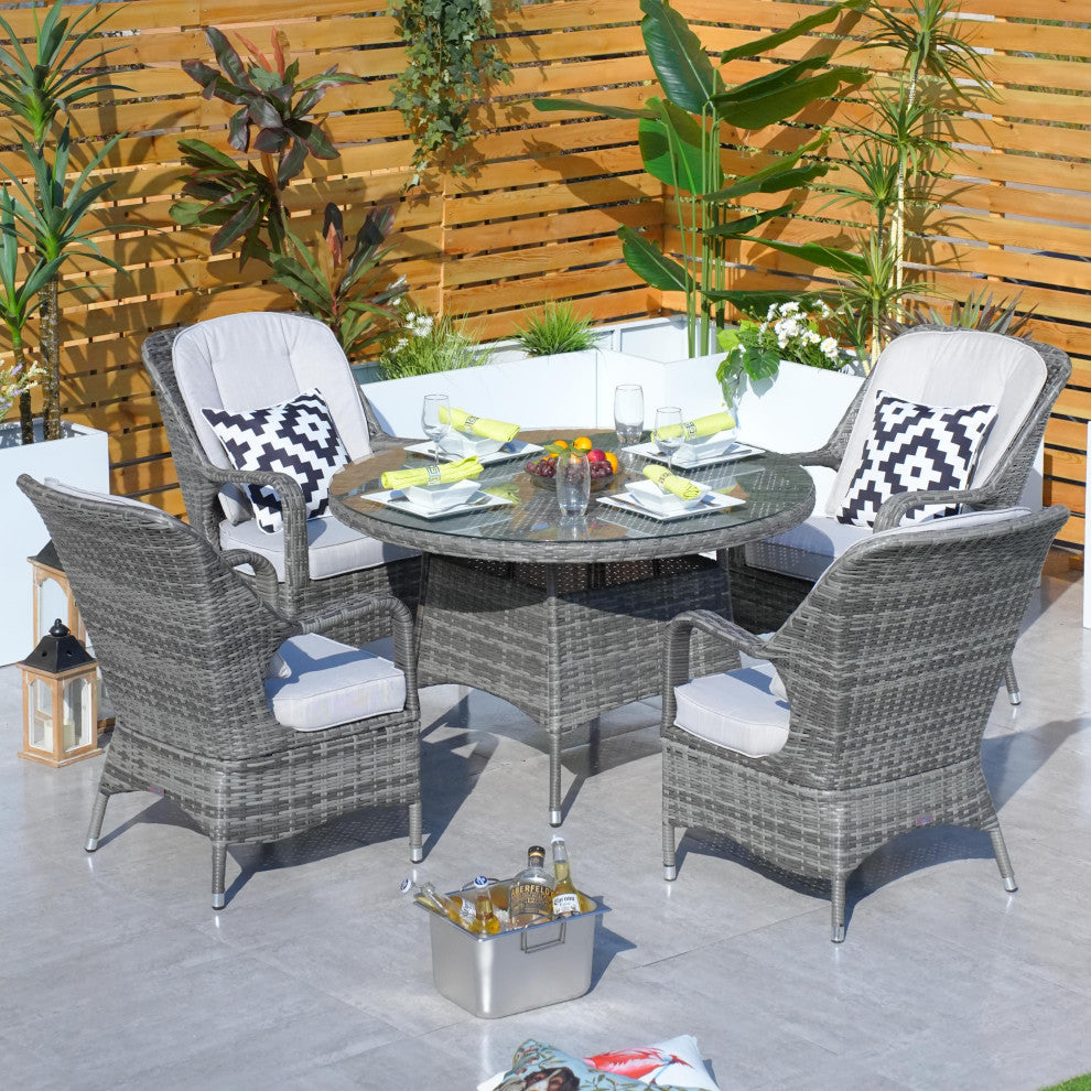 5-Piece Wicker Outdoor Round Dining Set with Grey Cushions