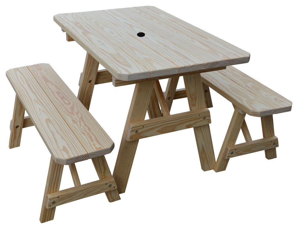 Pressure Treated Pine Picnic Table With 2 Benches, Unfinished, 4 Foot, With Umbrella Hole