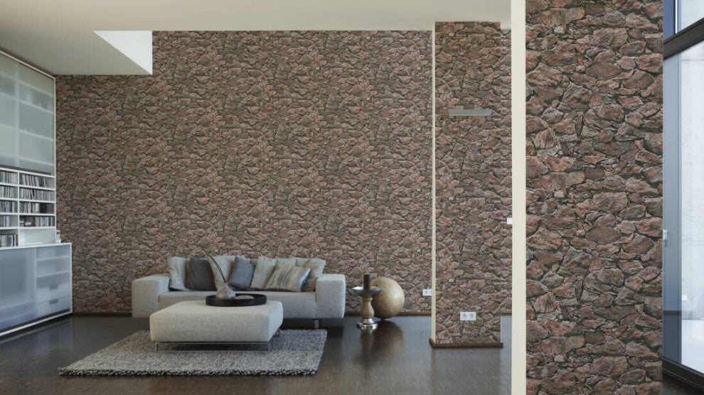 Faux Textured Wallpaper, Stones, Black Brown Red, One Roll