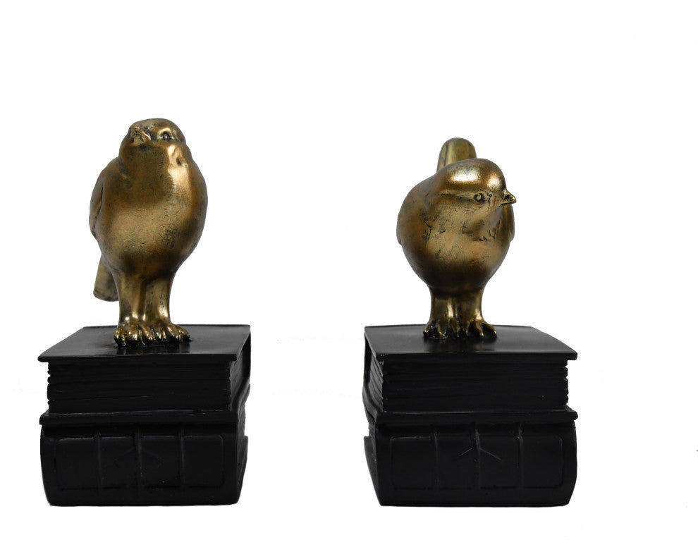 Gold Bird on Book Bookend Pair, Black