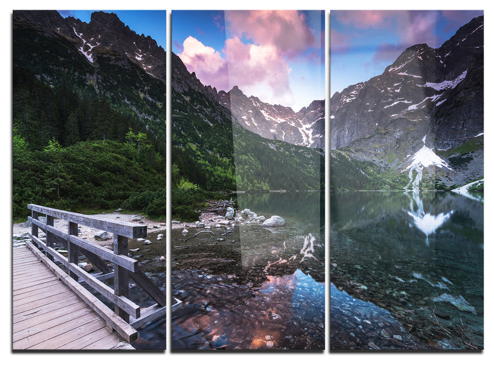 "Wooden Foot Bridge Over Lake" Metal Wall Art, 3 Panels, 36"x28"