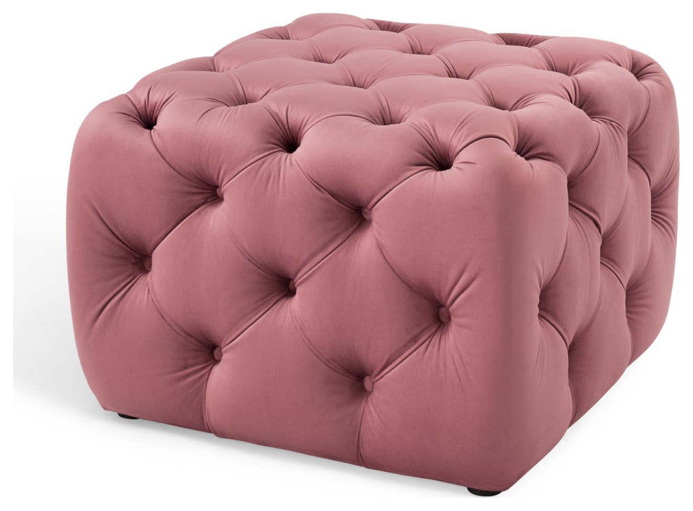 Tufted Accent Chair Ottoman, Square, Velvet, Pink, Modern, Lounge Hospitality