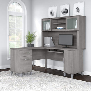 Transitional Desk, L-Shaped With Hutch, Perfect for Space Saving, Platinum Grey