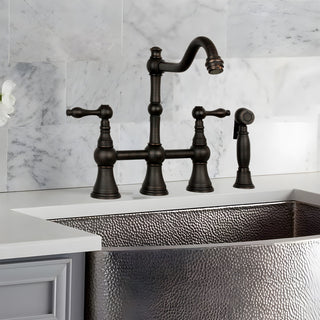 Two-Handles Copper Bridge Kitchen Faucet with Side Sprayer, Oil Rubbed Bronze