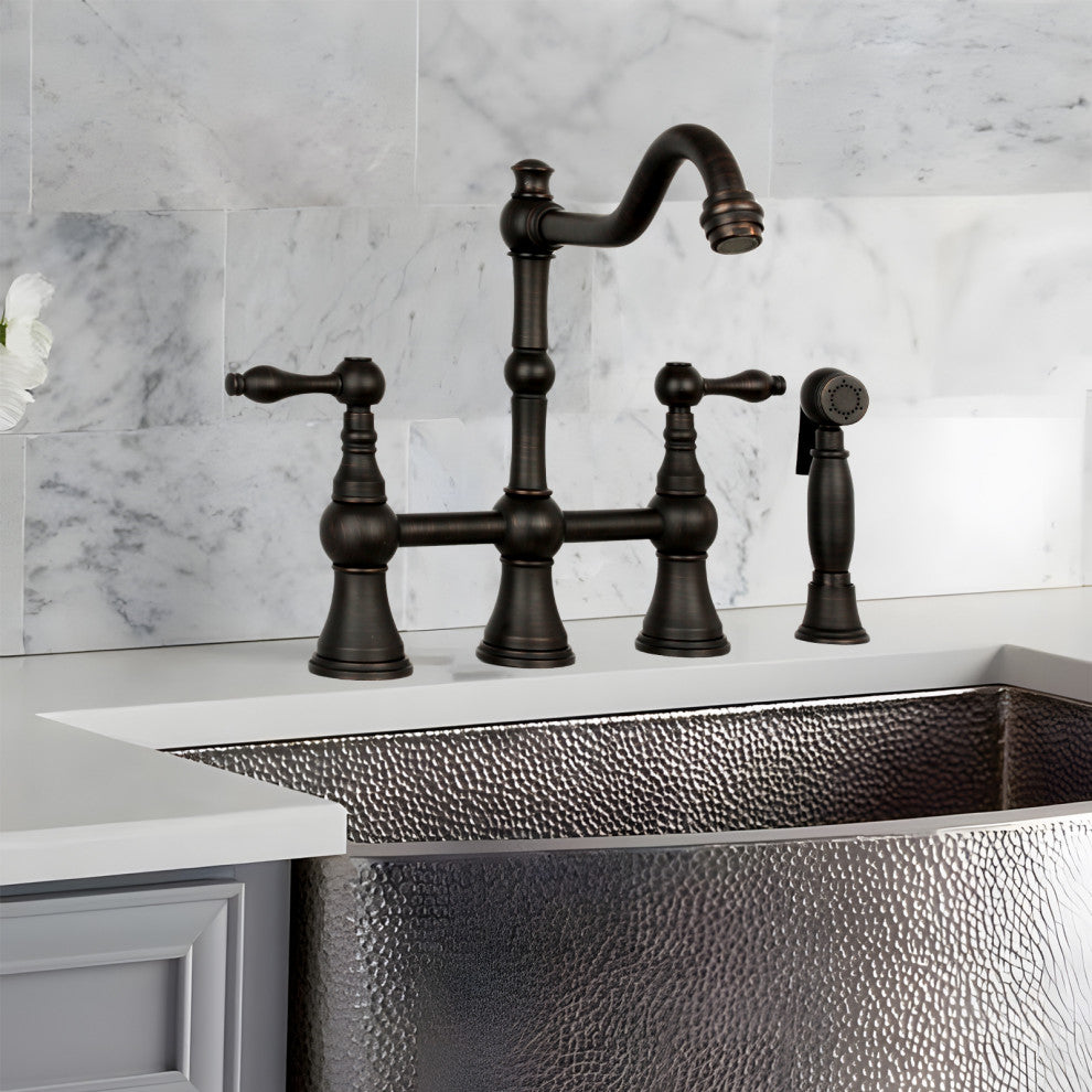 Two-Handles Copper Bridge Kitchen Faucet with Side Sprayer, Oil Rubbed Bronze