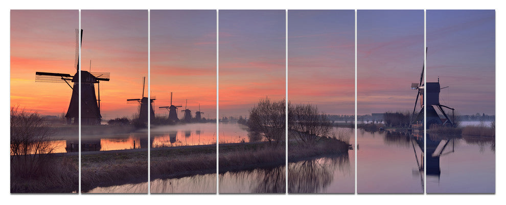 Windmills at Sunrise Panorama, Landscape Canvas Art Print, 83"x32", 7 Panels