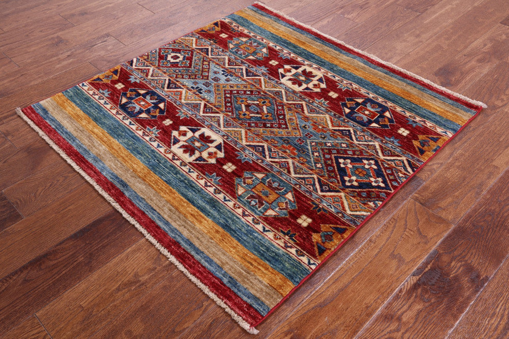 3' Square Super Kazak Khorjin Hand-Knotted Wool Rug Q11052