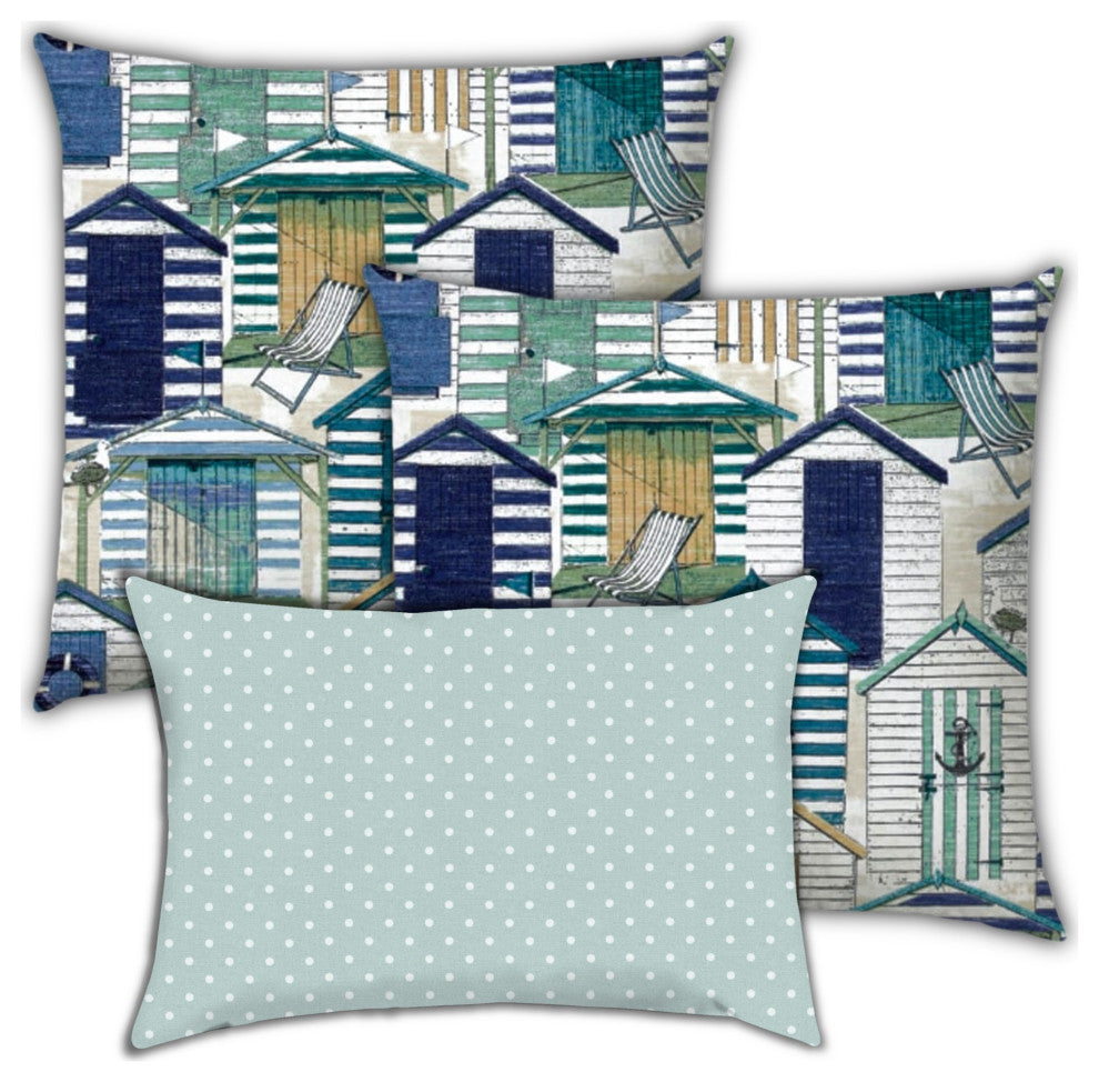 3-Piece Set Blue Beach Hut Indoor Outdoor Zippered Pillow Covers
