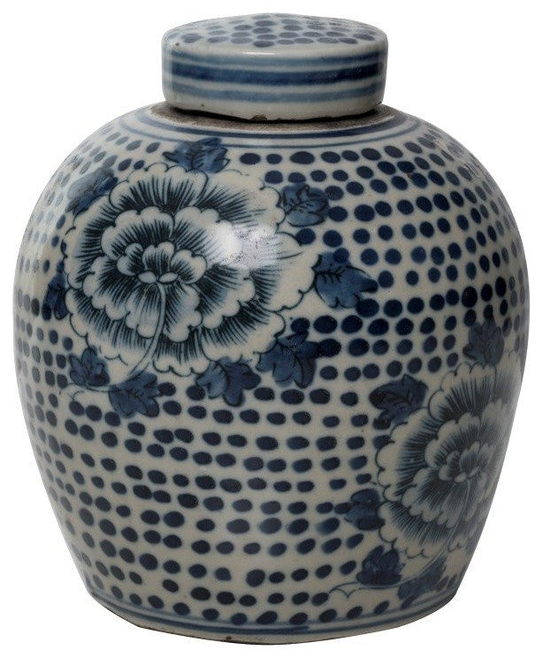Blue and White Spotted Floral Porcelain Ginger Jar, 6"