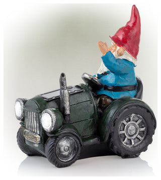 Solar Green Tractor Riding Gnome with Cool White LED Lights