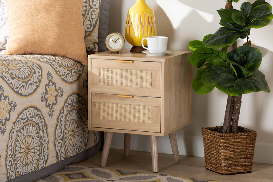 Lani Mid-Century Modern Light Oak Brown Wood and Rattan 2-Drawer Nightstand