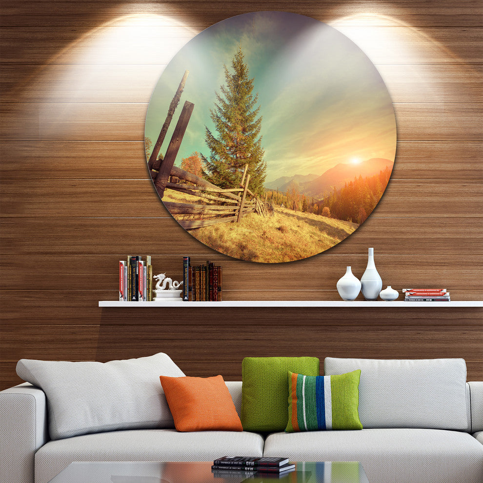 Retro Style Autumn In Mountains, Landscape Photo Disc Metal Art, 11"