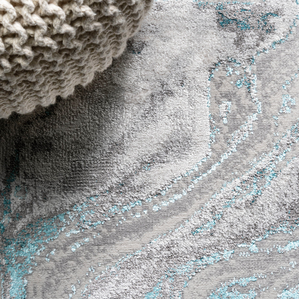 Swirl Marbled Abstract Area Rug, Gray/Turquoise, 4 X 6