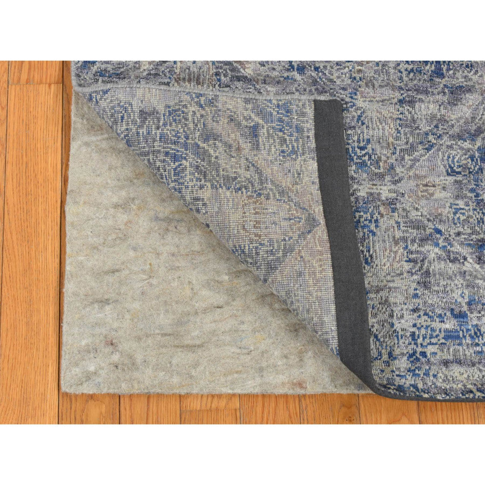 Gray, ERASED ROSSETS, Silk With Textured Wool, Hand Knotted, Rug, 4'9"x7'