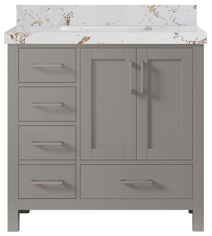 Malibu 36 Center Sink Bath Vanity in Elephant Skin Gray 2" Viola Gold