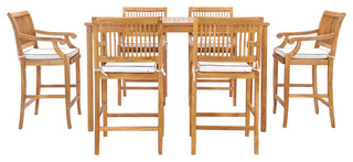 7 Piece Teak Wood Castle 71" Rectangular Bistro Bar Set with 6 Barstools w/ Arms