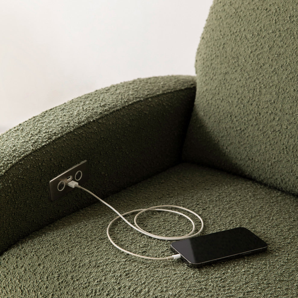 Nami Electronic Recliner and Swivel Glider Recliner, Boucle With USB port, Olive Boucle With Light Wood Base