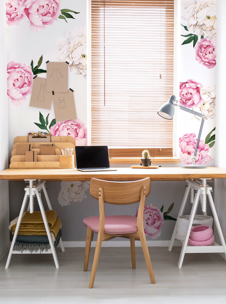 Peony Flowers Vinyl Wall Sticker, Large Set, Vivid Pink