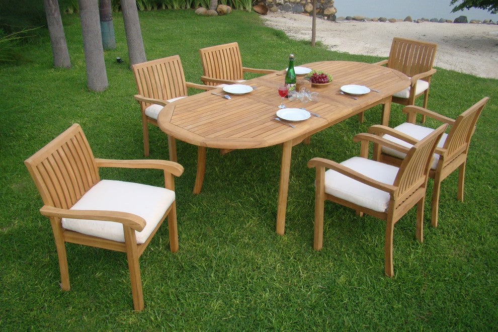 Outdoor 7-Piece Dining Set With Double Extension Oval Table, 94", Canvas Blue