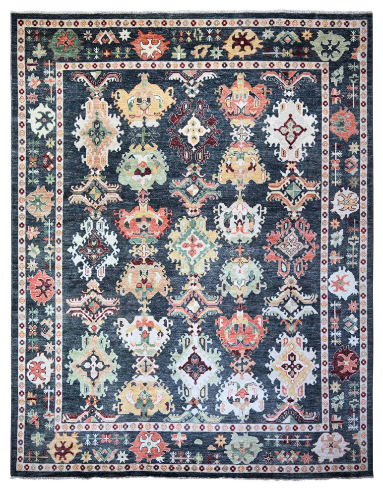 Black Wool Hand Knotted Afghan Angora Oushak Oversized Rug 11'9"x14'7"