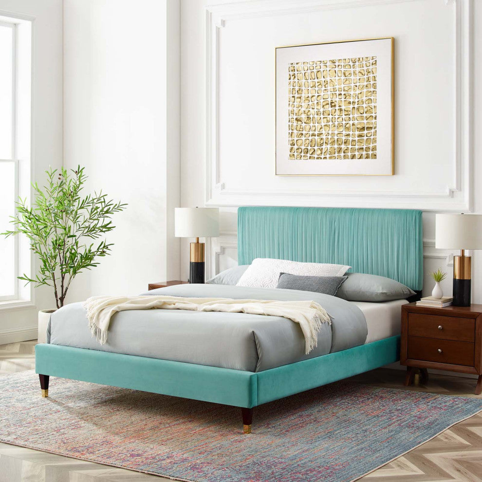 Platform Bed Frame, Twin Size, Velvet, Blue, Modern Contemporary, Bedroom Master