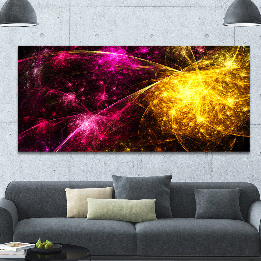 Yellow Pink Colorful Fireworks, Oversized Abstract Canvas Art Print, 60x28