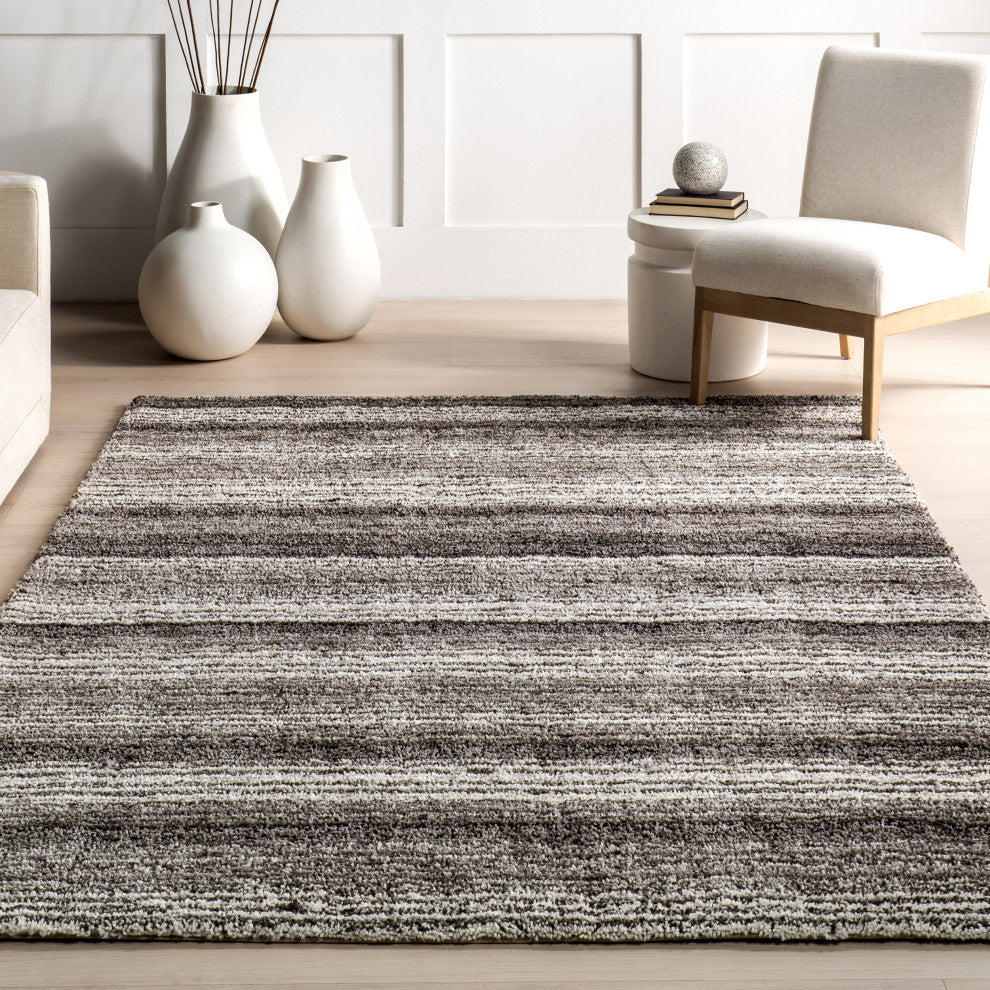 Nuloom Hand-Tufted Striped Shaggy Plush Shag Rug, Grey Multicolor 2'6"x8'Runner