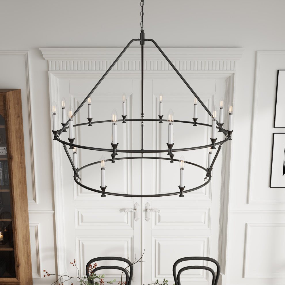 Farmhouse Black 2-Tier Wagon Wheel 18-Light Candle Chandelier