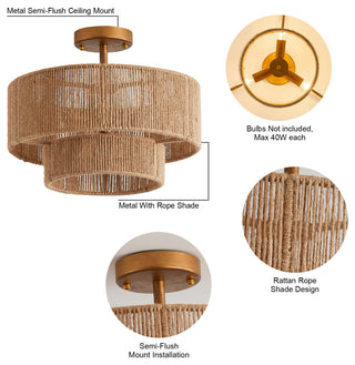 Farmhouse Woven Cage Semi-Flush Mount Lighting, 3-Light