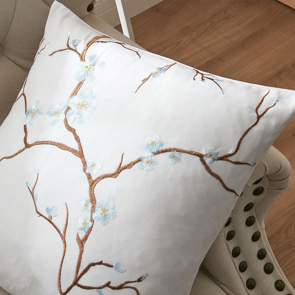 Cherry Blossom Embroidery 2 Piece Pillow Covers, Light Blue, 20" X 20"