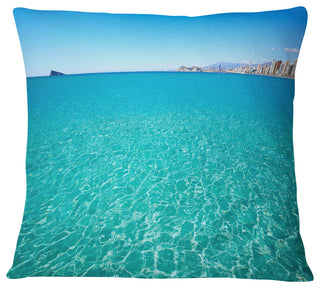 Blue Benidorm Levante Beach Seascape Throw Pillow, 18"x18"