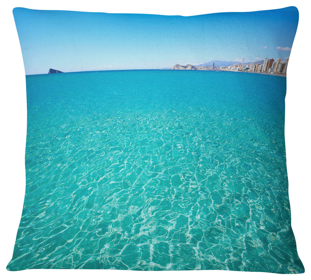 Blue Benidorm Levante Beach Seascape Throw Pillow, 18"x18"
