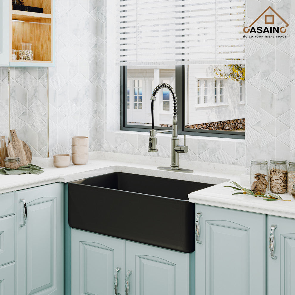 Fireclay 36inch Single Bowl Farmhouse Apron Kitchen Sink with Bottom Grid, 30