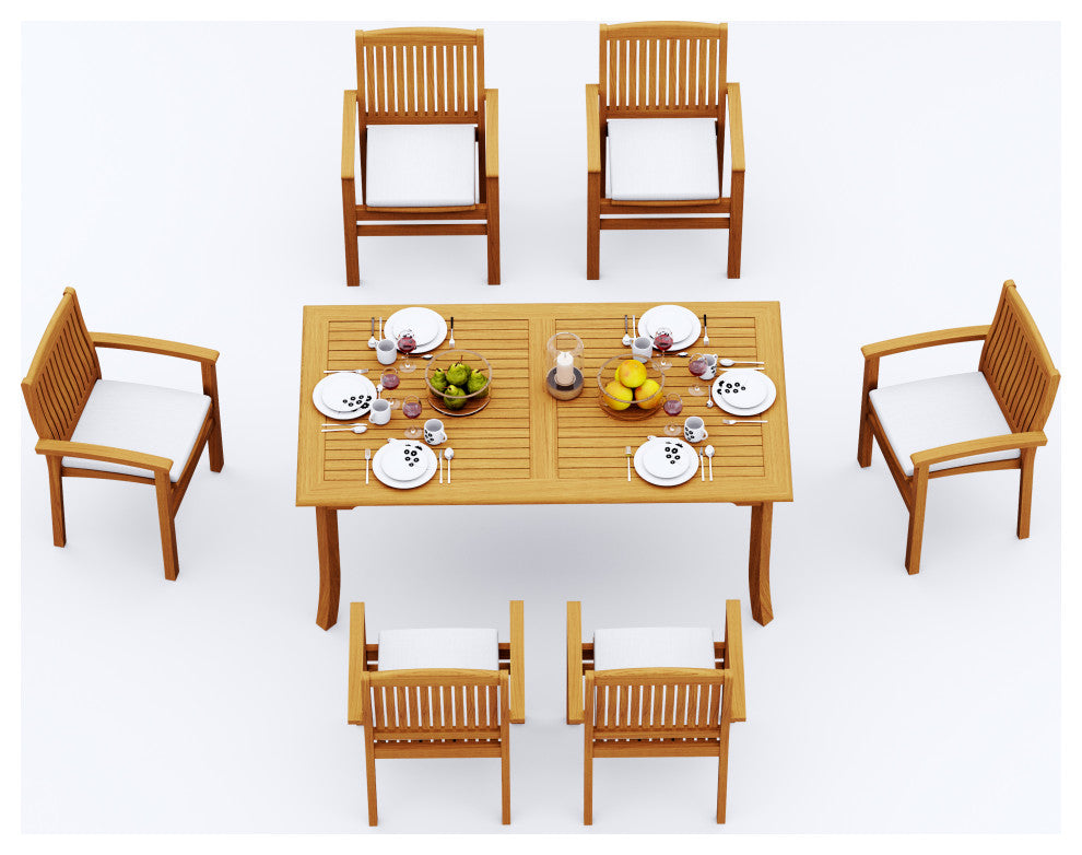 7-Piece Outdoor Teak Dining Set: 71" Rectangle Table, 6 Wave Stacking Arm Chairs