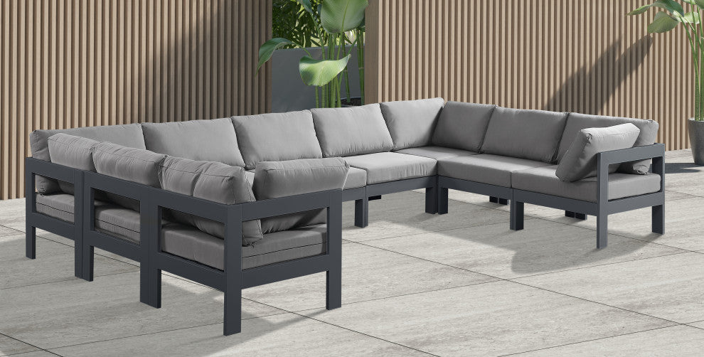 Nizuc Water Resistant Patio U-Shaped Modular Sectional, Gray, 9-Piece: 5 Armless Chair, 4 Corner Chair, Dark Gray Aluminum Frame