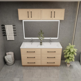 Victoria 60" Double Sink Solid Wood Vanity, Overhead Cabinet, Yellow Oak