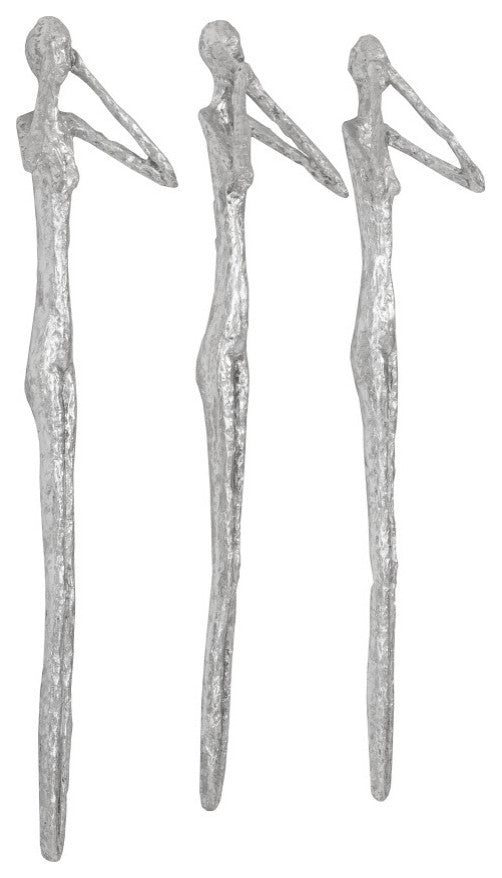 See, Speak, Hear No Evil Wall Art, Resin, 3-Piece Set, Silver Leaf