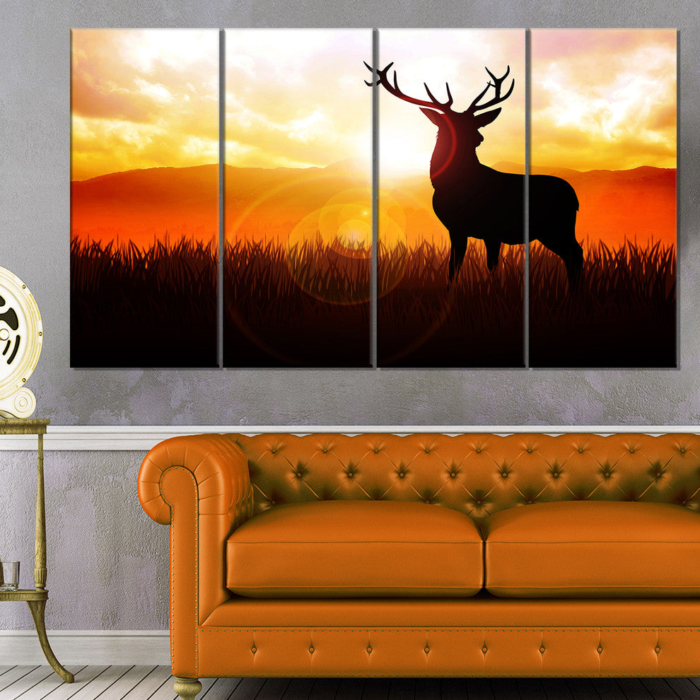 Deer on Meadow During Sunrise, Animal Canvas Art Print, 48"x28", 4 Panels