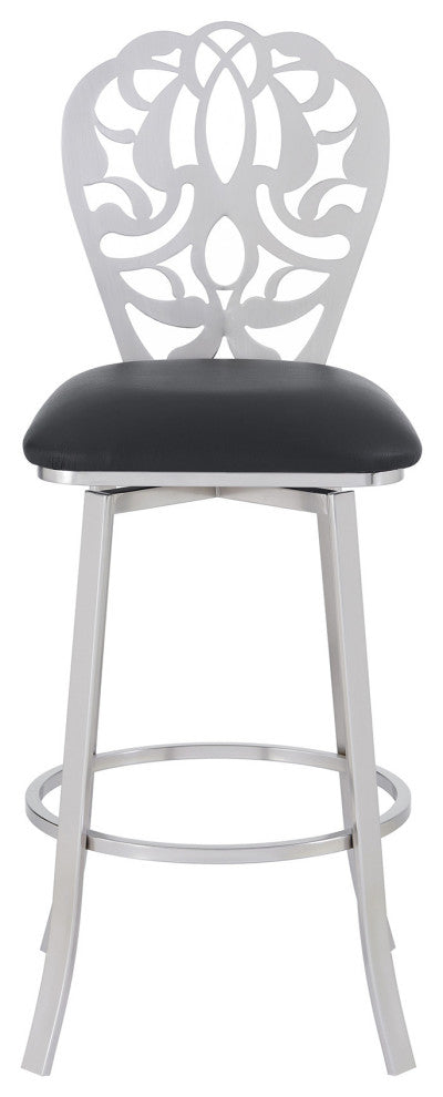 30" Black Faux Leather Scroll Brushed Stainless Steel Swivel Bar Stool