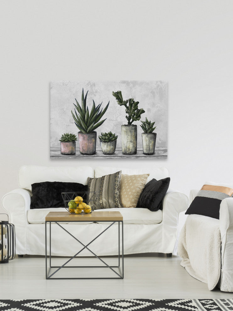"Earthy Succulent Pots" Painting Print on Wrapped Canvas