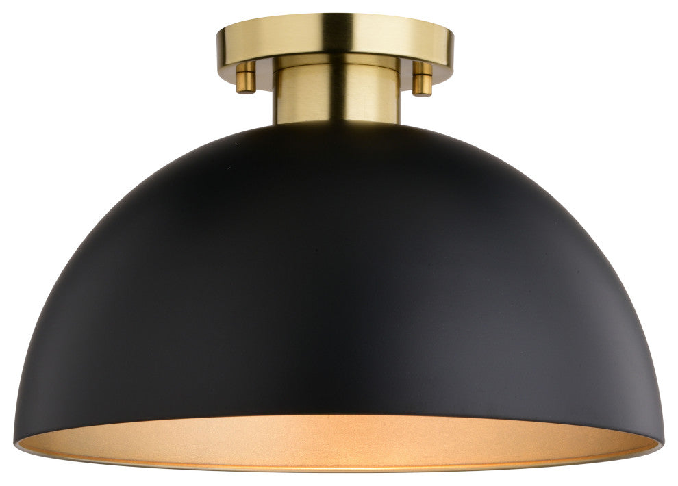 Devon Mid-Century Modern Semi Flush Mount Ceiling Light, Matte Black and Satin Brass