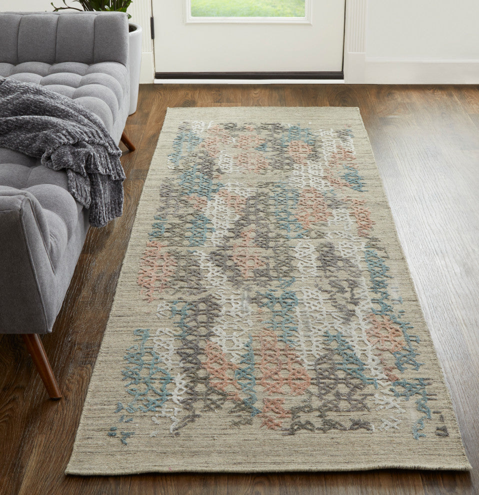Weave & Wander Huntley Rug, Coral Pink/Blue/Taupe, 2'9"x8' Runner