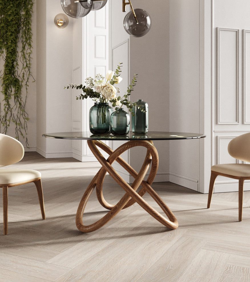 Modrest Mason Modern Round Glass and Walnut Dining Table