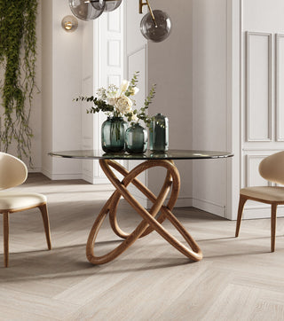Modrest Mason Modern Round Glass and Walnut Dining Table