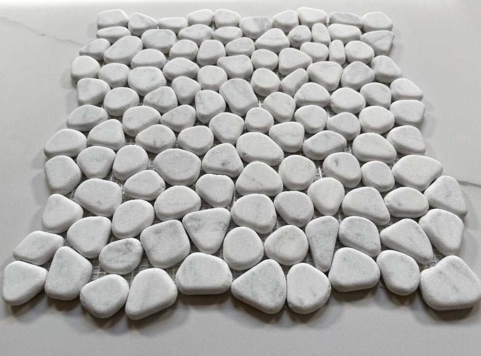 Pebble Stone Mosaic Tile Carrara White Marble River Rocks Tumbled, 1 sheet