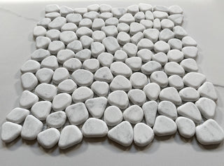 Pebble Stone Mosaic Tile Carrara White Marble River Rocks Tumbled, 1 sheet